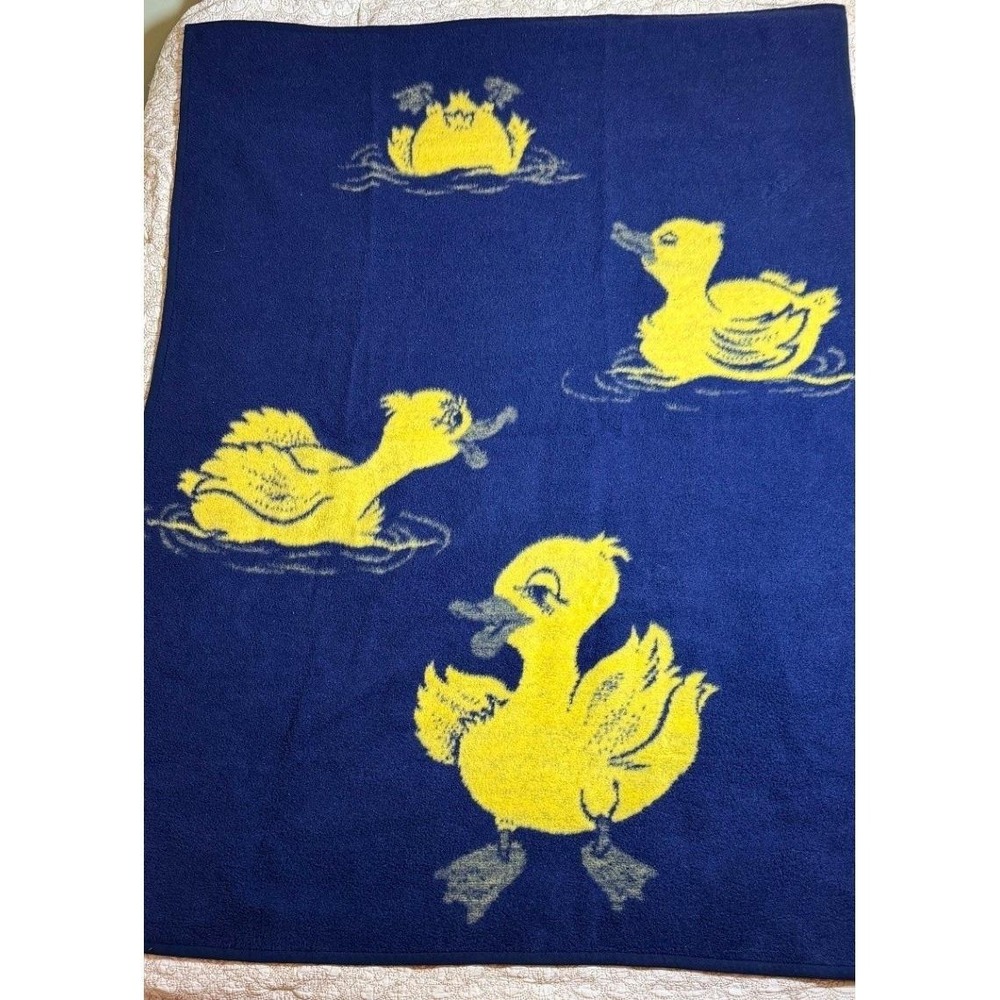 Vintage Cannon Ibena Navy Blue Yellow Ducks Children's Blanket Throw